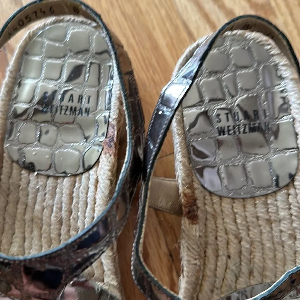 Stuart Weiztman sz 8 gold espadrilles with heel alligator print straps good cond